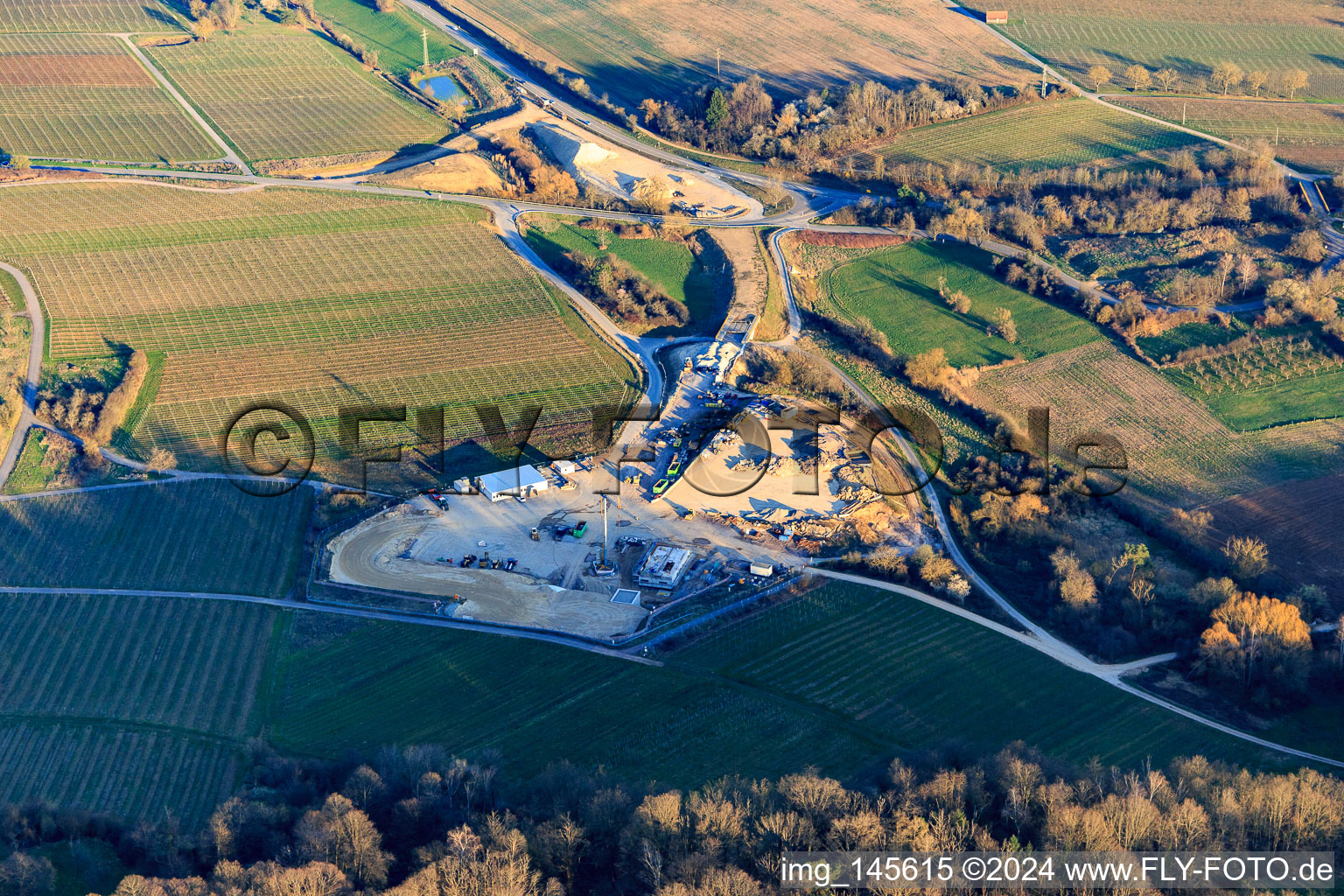 Aerial view of Construction site of the eastern tunnel portal for the Astrid Tunnel for the underpass and bypass of Bad Bergzabern between B38 (Weinstraße) and B427 (Kurtalstraße) in Dörrenbach in the state Rhineland-Palatinate, Germany