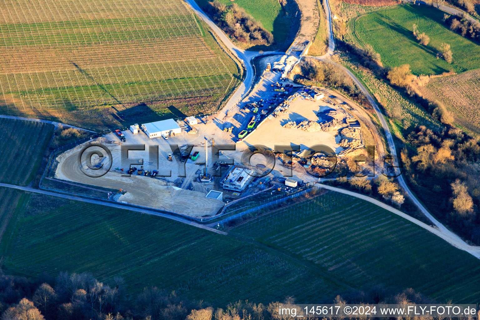 Aerial photograpy of Construction site of the eastern tunnel portal for the Astrid Tunnel for the underpass and bypass of Bad Bergzabern between B38 (Weinstraße) and B427 (Kurtalstraße) in Dörrenbach in the state Rhineland-Palatinate, Germany