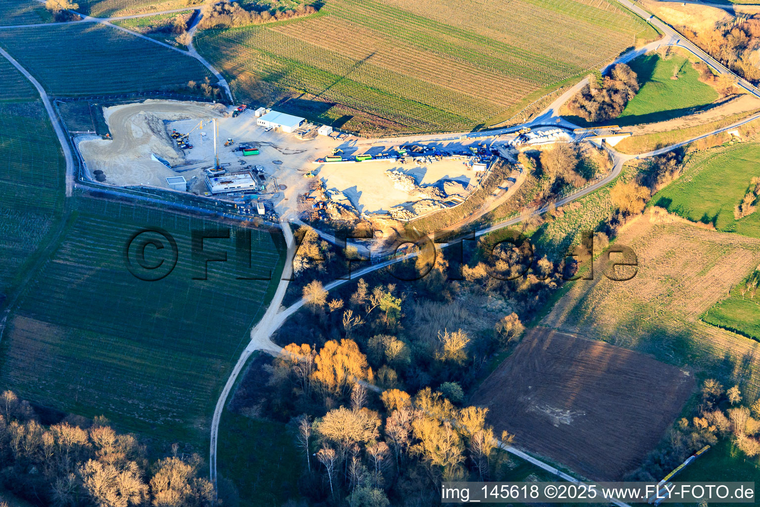 Oblique view of Construction site of the eastern tunnel portal for the Astrid Tunnel for the underpass and bypass of Bad Bergzabern between B38 (Weinstraße) and B427 (Kurtalstraße) in Dörrenbach in the state Rhineland-Palatinate, Germany
