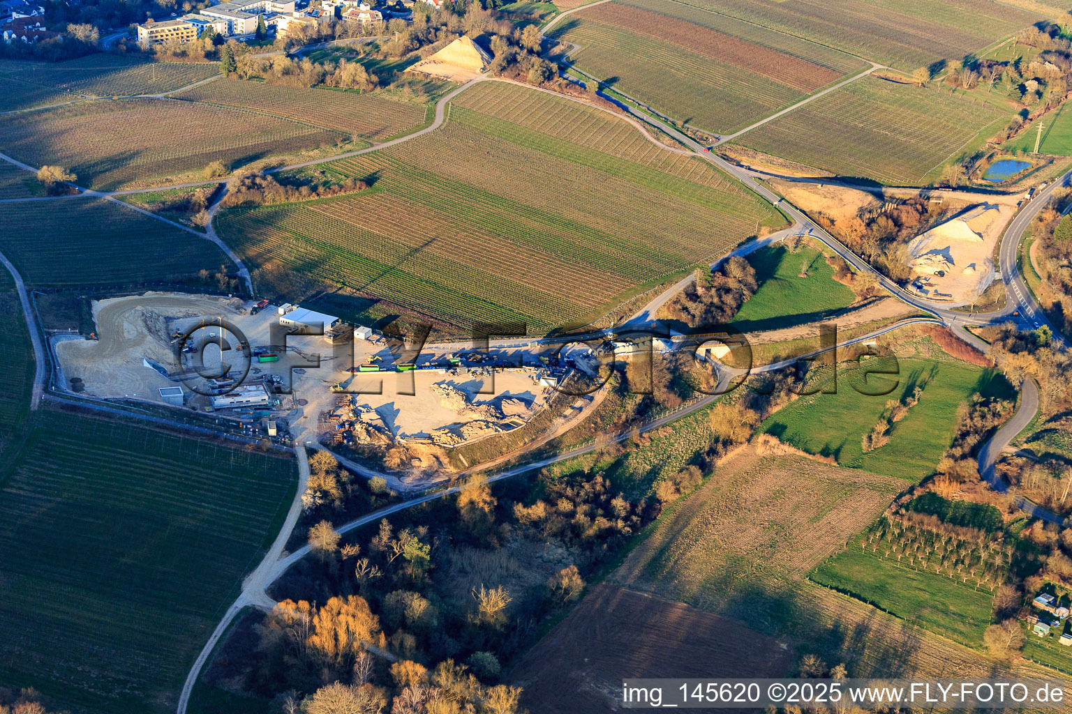 Construction site of the eastern tunnel portal for the Astrid Tunnel for the underpass and bypass of Bad Bergzabern between B38 (Weinstraße) and B427 (Kurtalstraße) in Dörrenbach in the state Rhineland-Palatinate, Germany from above