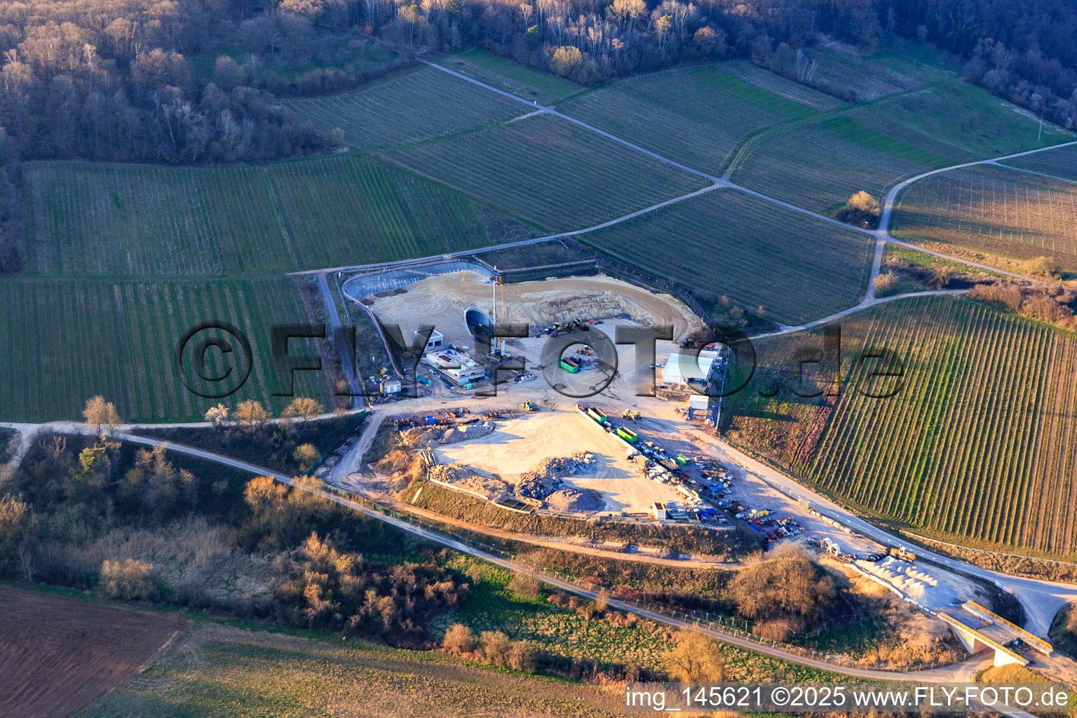 Construction site of the eastern tunnel portal for the Astrid Tunnel for the underpass and bypass of Bad Bergzabern between B38 (Weinstraße) and B427 (Kurtalstraße) in Dörrenbach in the state Rhineland-Palatinate, Germany out of the air