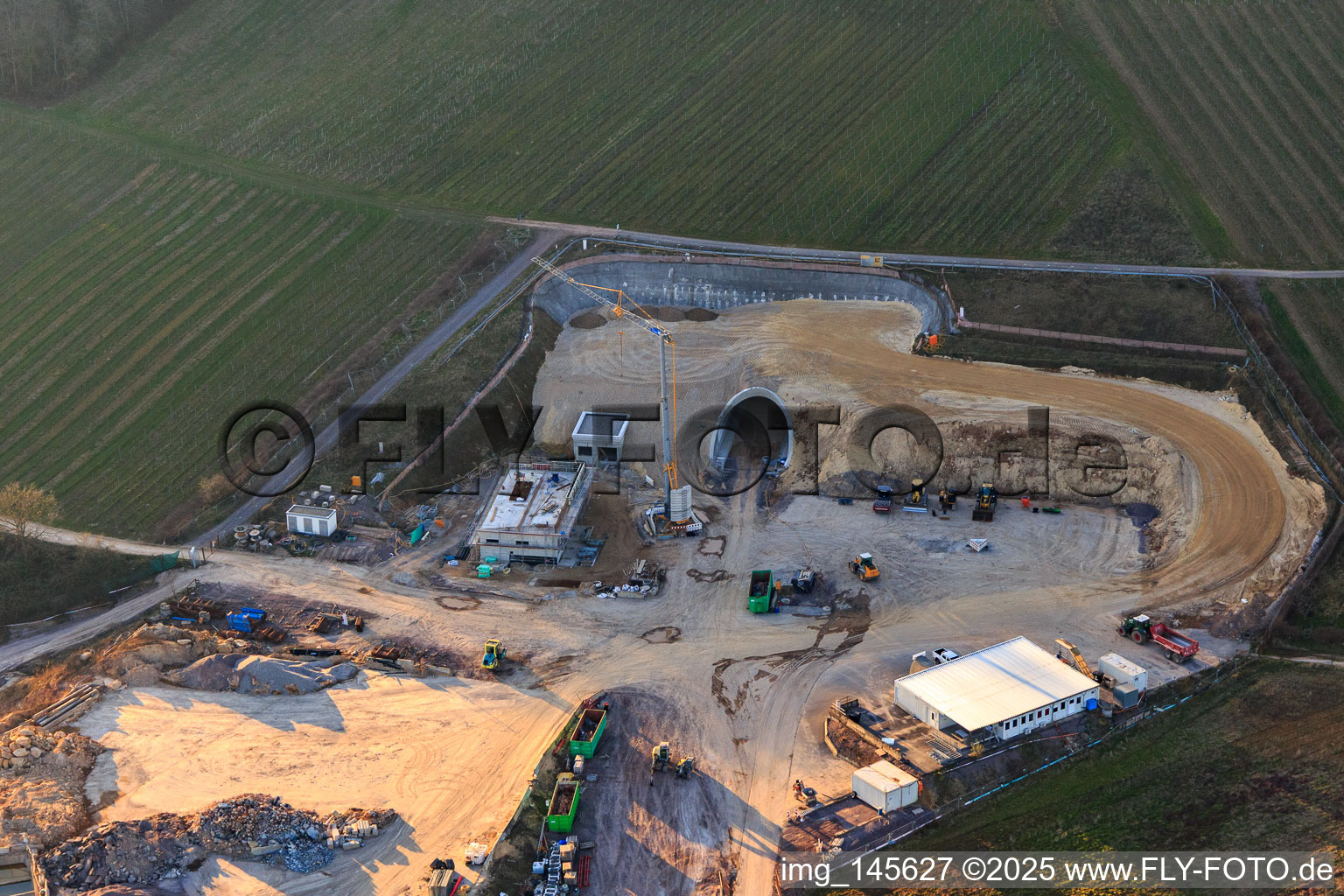 Bird's eye view of Construction site of the eastern tunnel portal for the Astrid Tunnel for the underpass and bypass of Bad Bergzabern between B38 (Weinstraße) and B427 (Kurtalstraße) in Dörrenbach in the state Rhineland-Palatinate, Germany