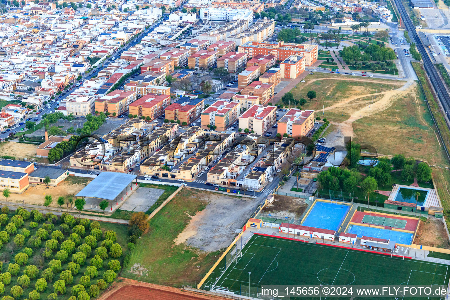 Football field, tennis court and pool of the Campo Municipal UD Dos Hermanas in Dos Hermanas in the state Seville, Spain