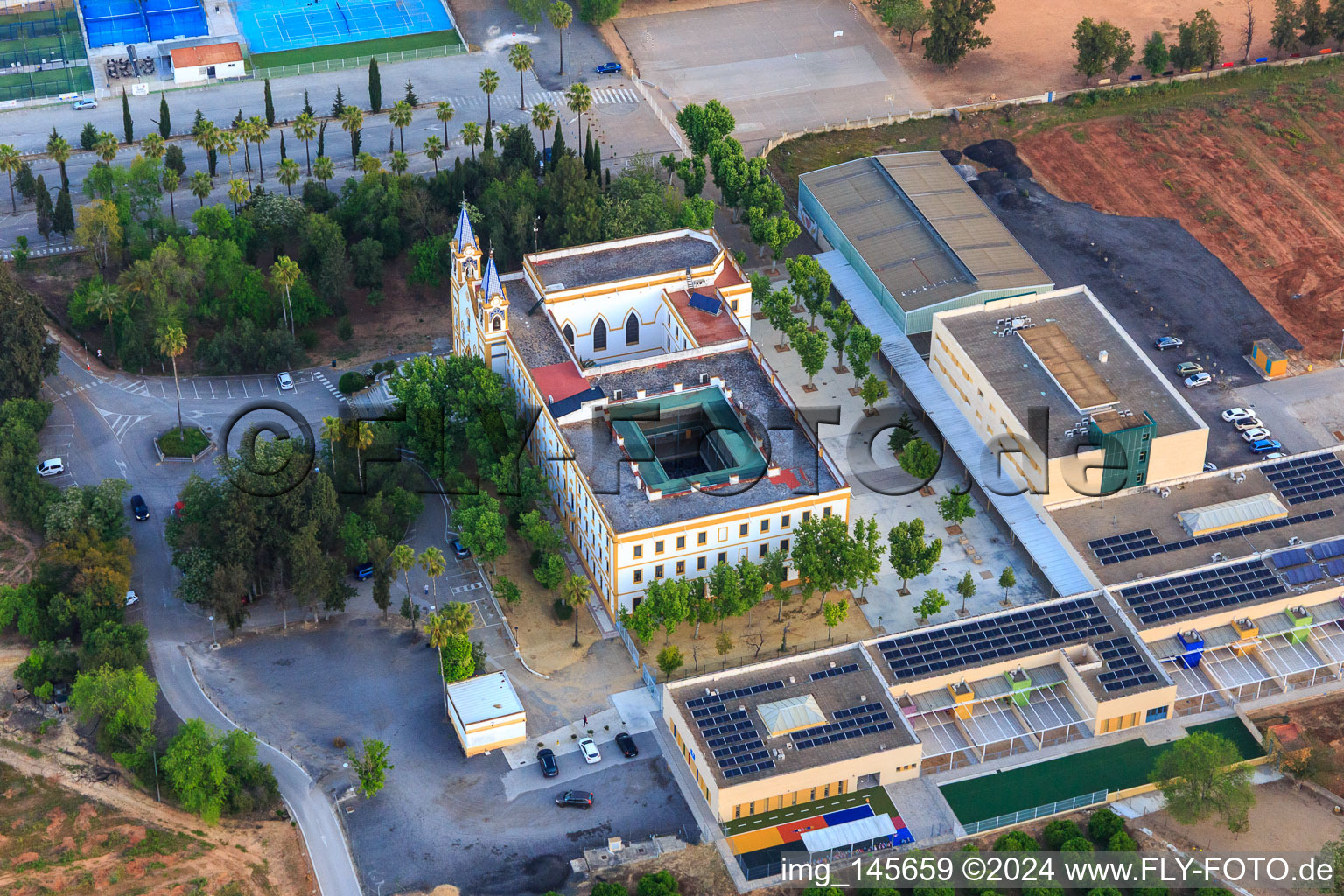 Aerial view of Chapel Capilla de San Hermenegildo at the Colegio San Hermegildo school in Dos Hermanas in the state Seville, Spain
