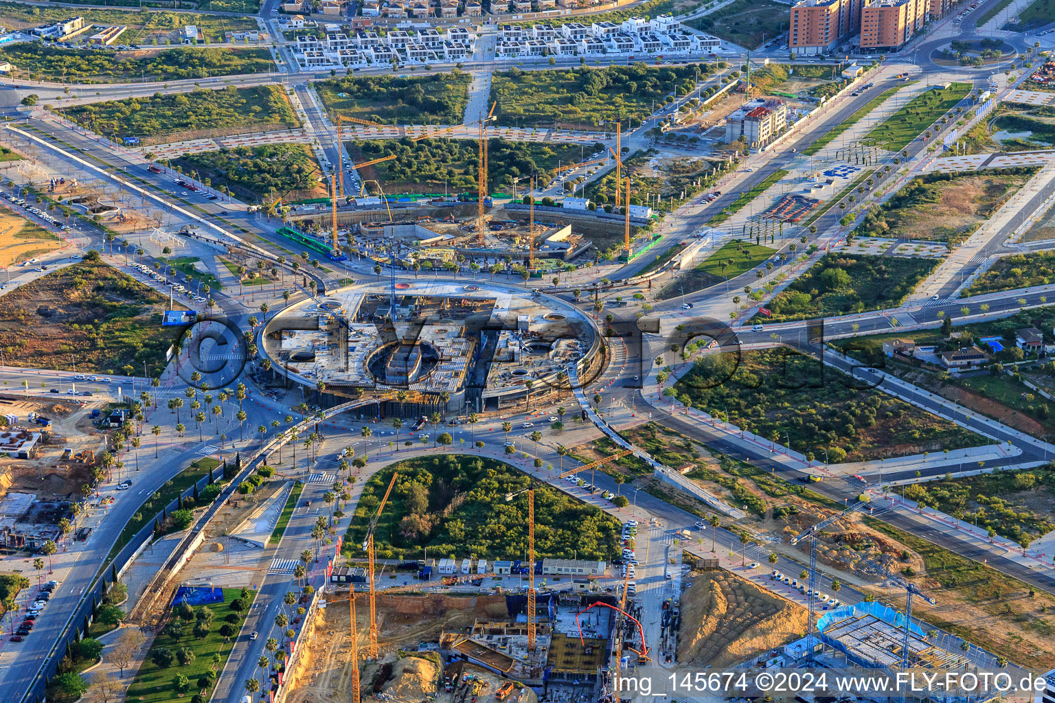 Aerial view of Construction site for the Torre Entrenucleos in the Urb. San Federico Echaguy district in Dos Hermanas in the state Seville, Spain
