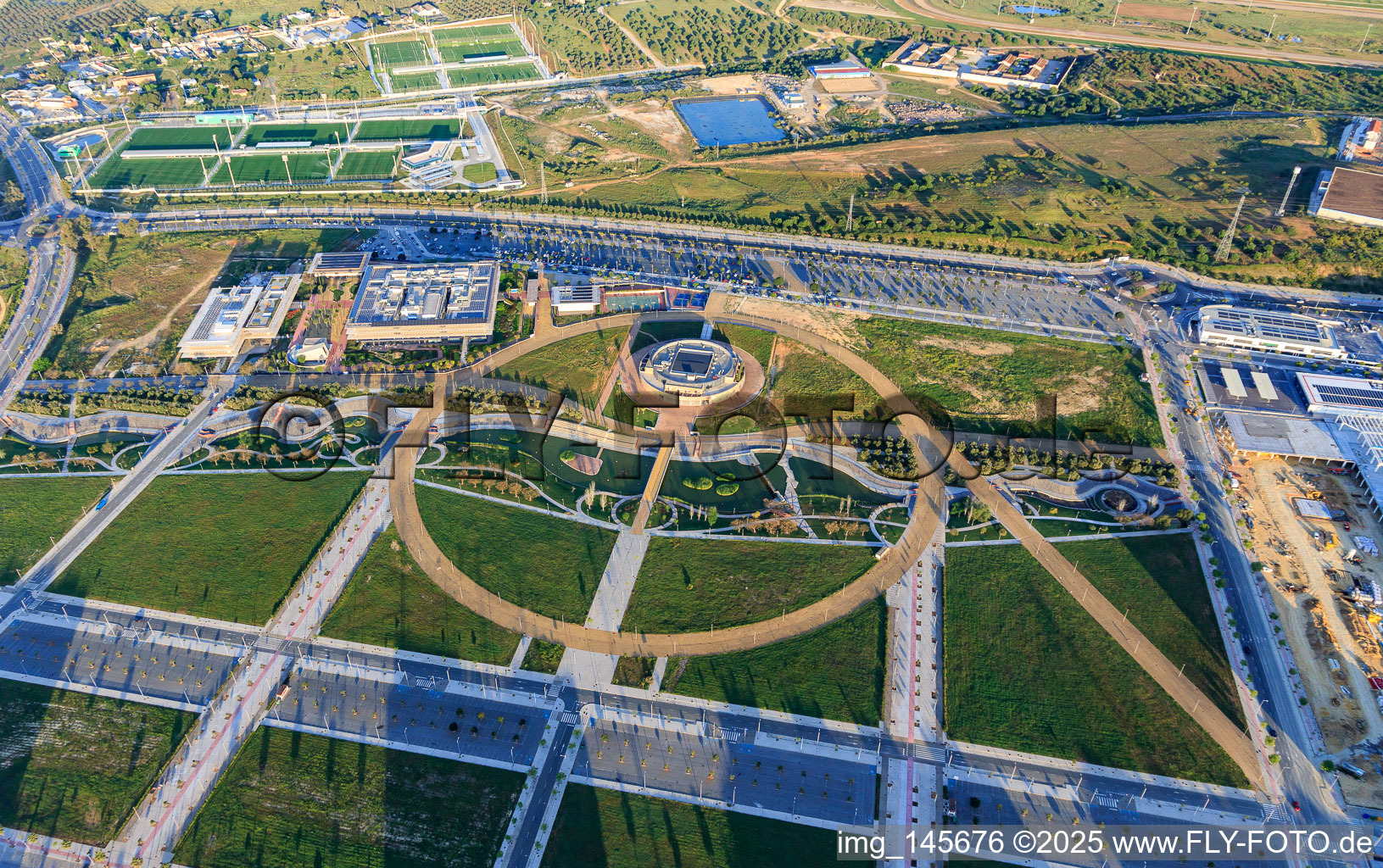 Aerial view of Research and Development Park Dehesa de Valme, Ciudad del Conocimiento in front of the Universidad Loyola (Sevilla Campus) at the Lago de la Vida Park in Dos Hermanas in the state Seville, Spain