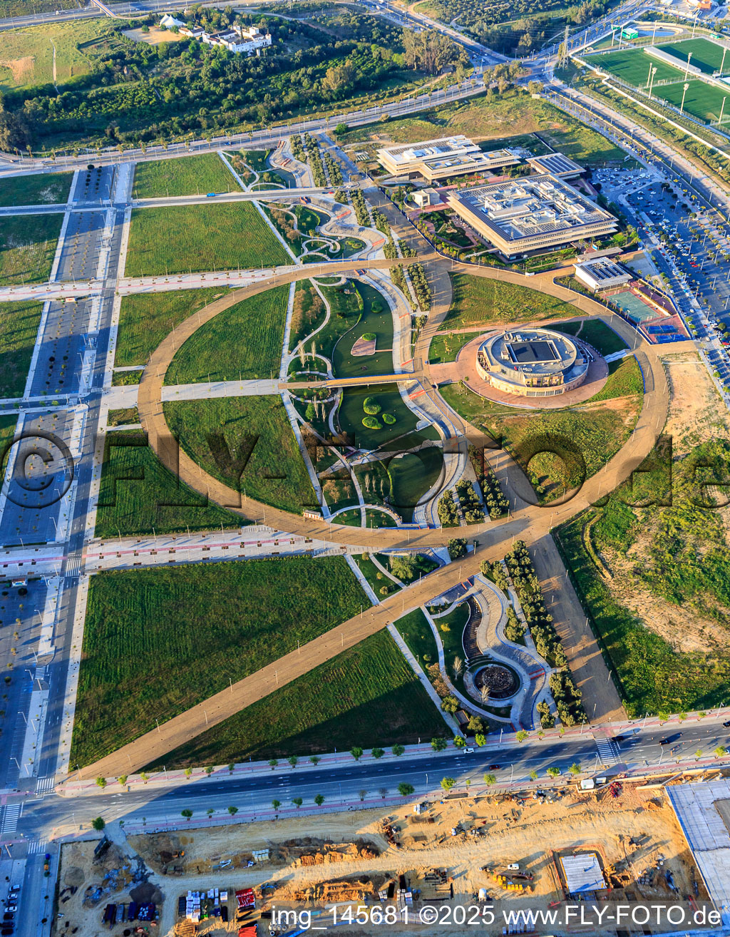 Aerial photograpy of Research and Development Park Dehesa de Valme, Ciudad del Conocimiento in front of the Universidad Loyola (Sevilla Campus) at the Lago de la Vida Park in Dos Hermanas in the state Seville, Spain