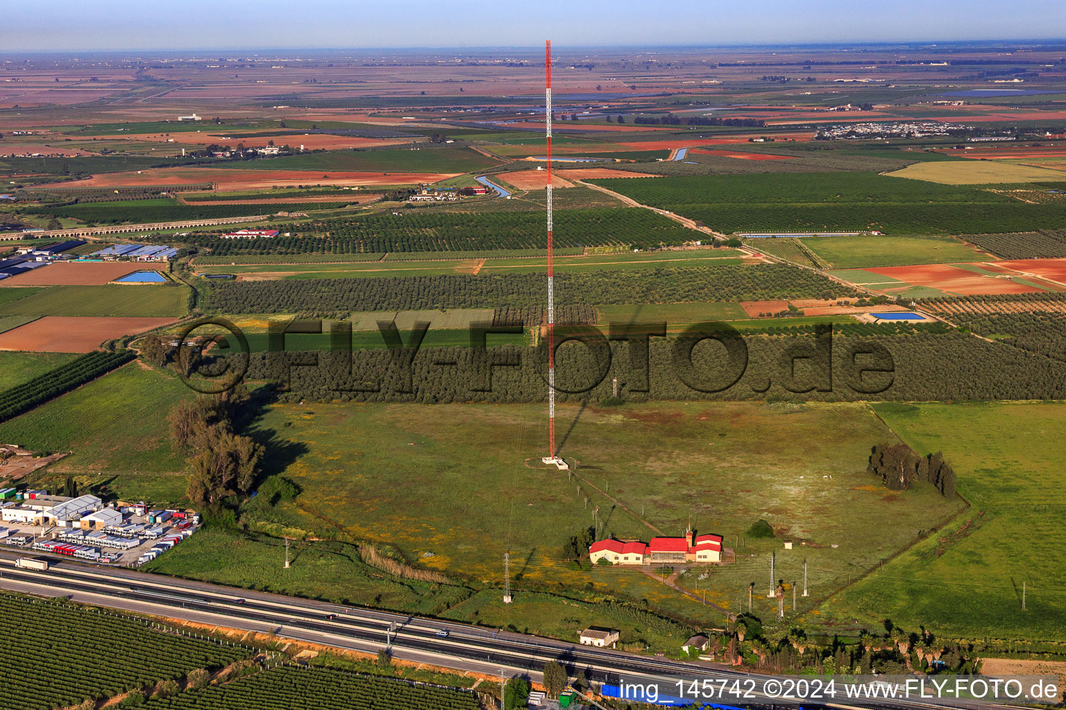 Aerial view of Radio transmission tower Centro Emisor RNE AM in Dos Hermanas in the state Seville, Spain