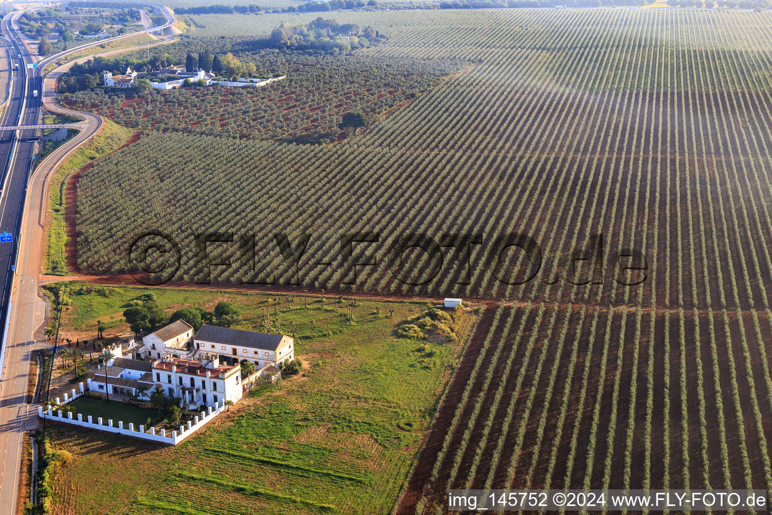 Hacienda Menaca between olive tree plantations on the A-4 Autovia del Sur in Dos Hermanas in the state Seville, Spain