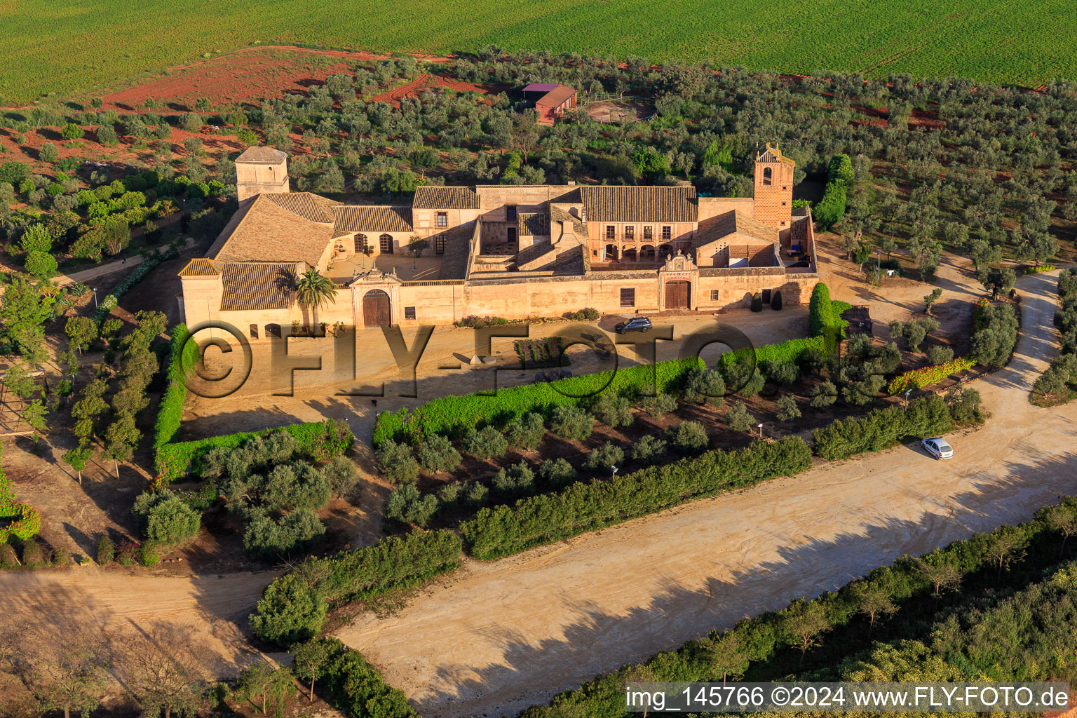 Aerial photograpy of Holiday ranch Hacienda Los Molinos De Maestre in Dos Hermanas in the state Seville, Spain