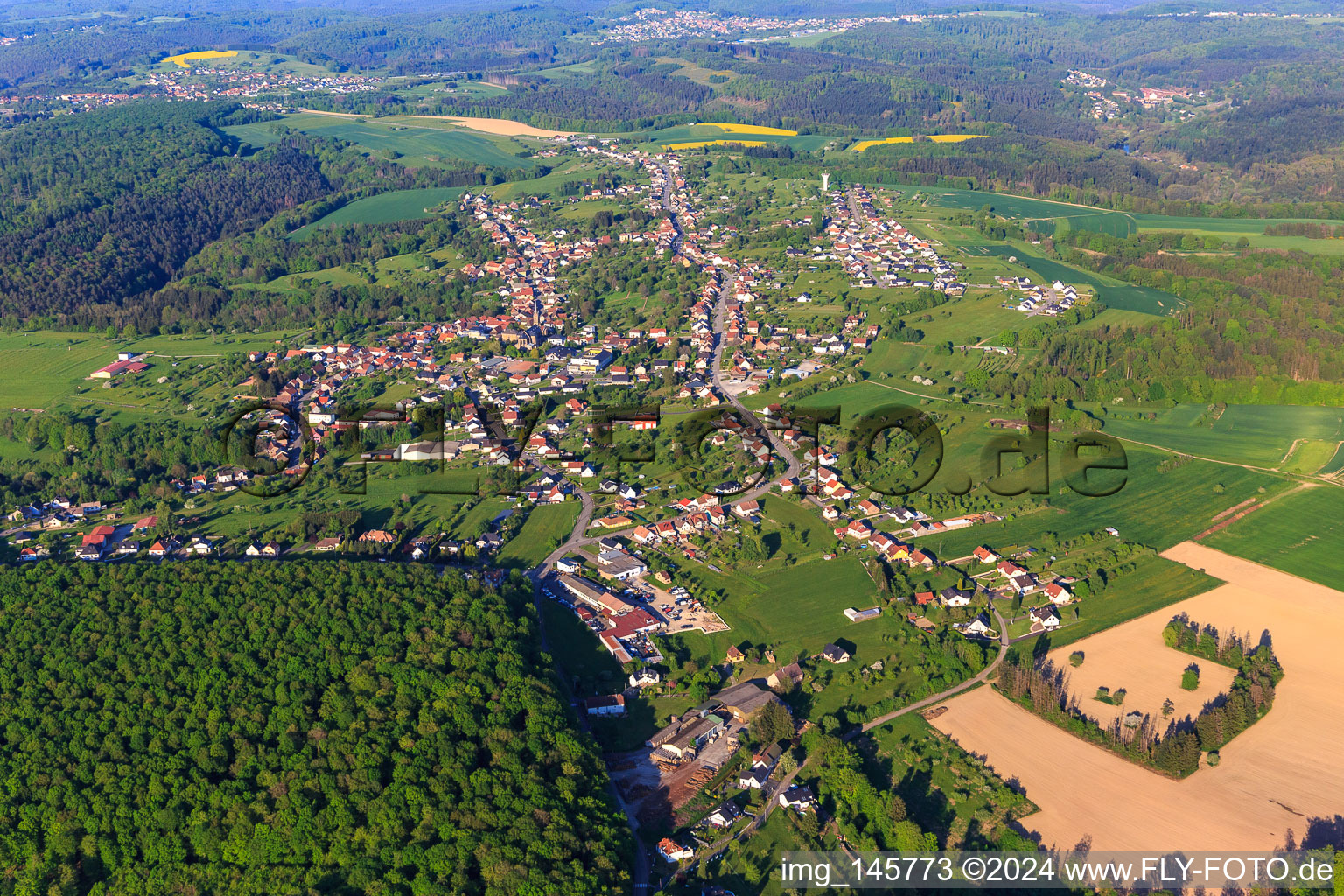 View of the town in the evening from the southwest in Montbronn in the state Moselle, France