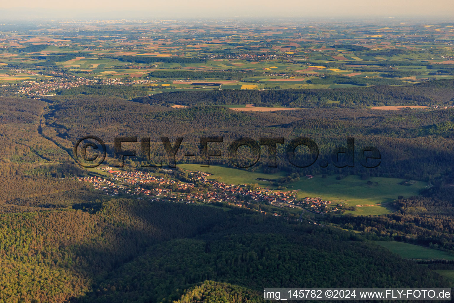Village view in the Northern Vosges from the north in Wimmenau in the state Bas-Rhin, France