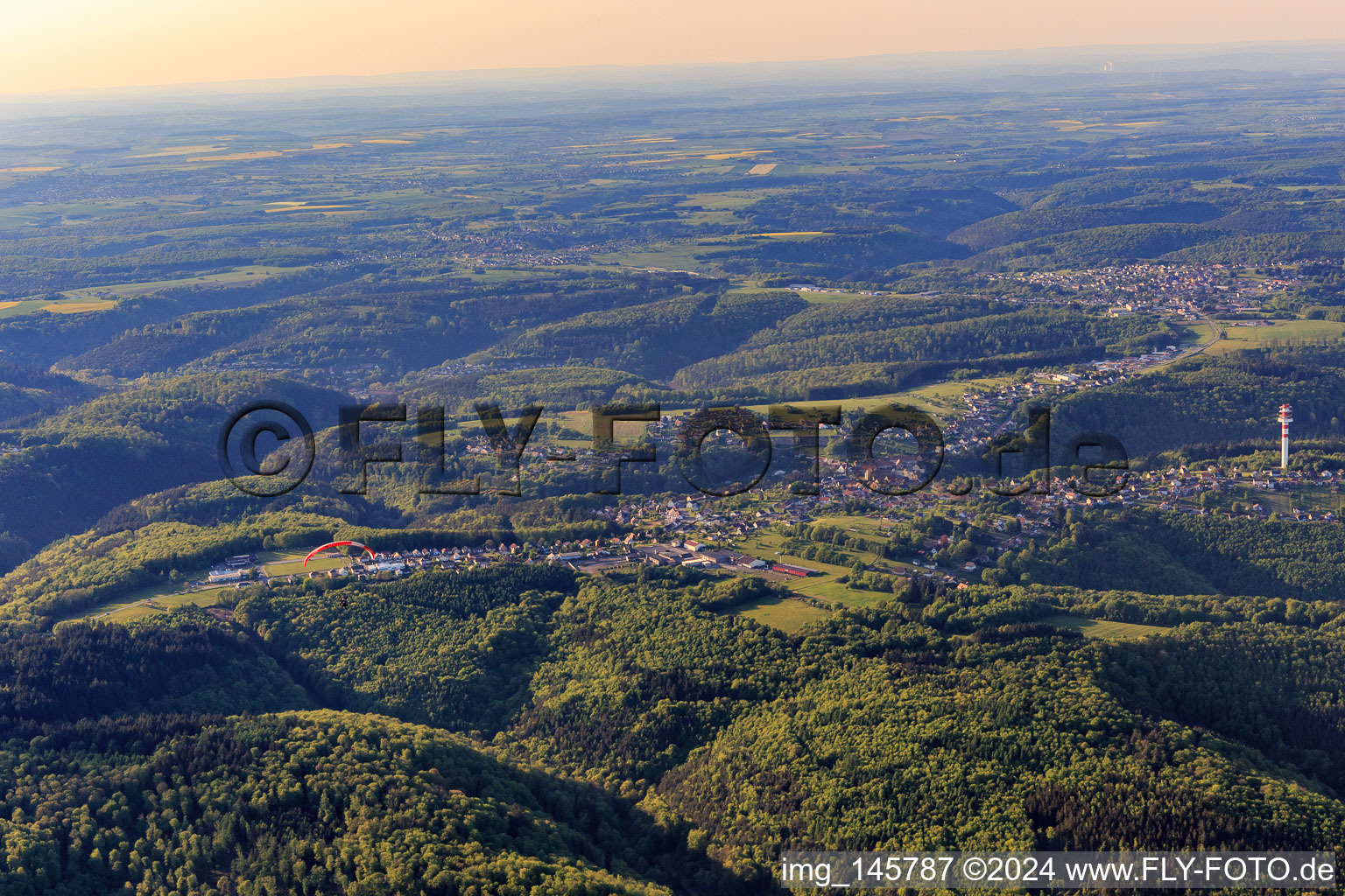 View of the village in the Northern Vosges from the south in Goetzenbruck in the state Moselle, France
