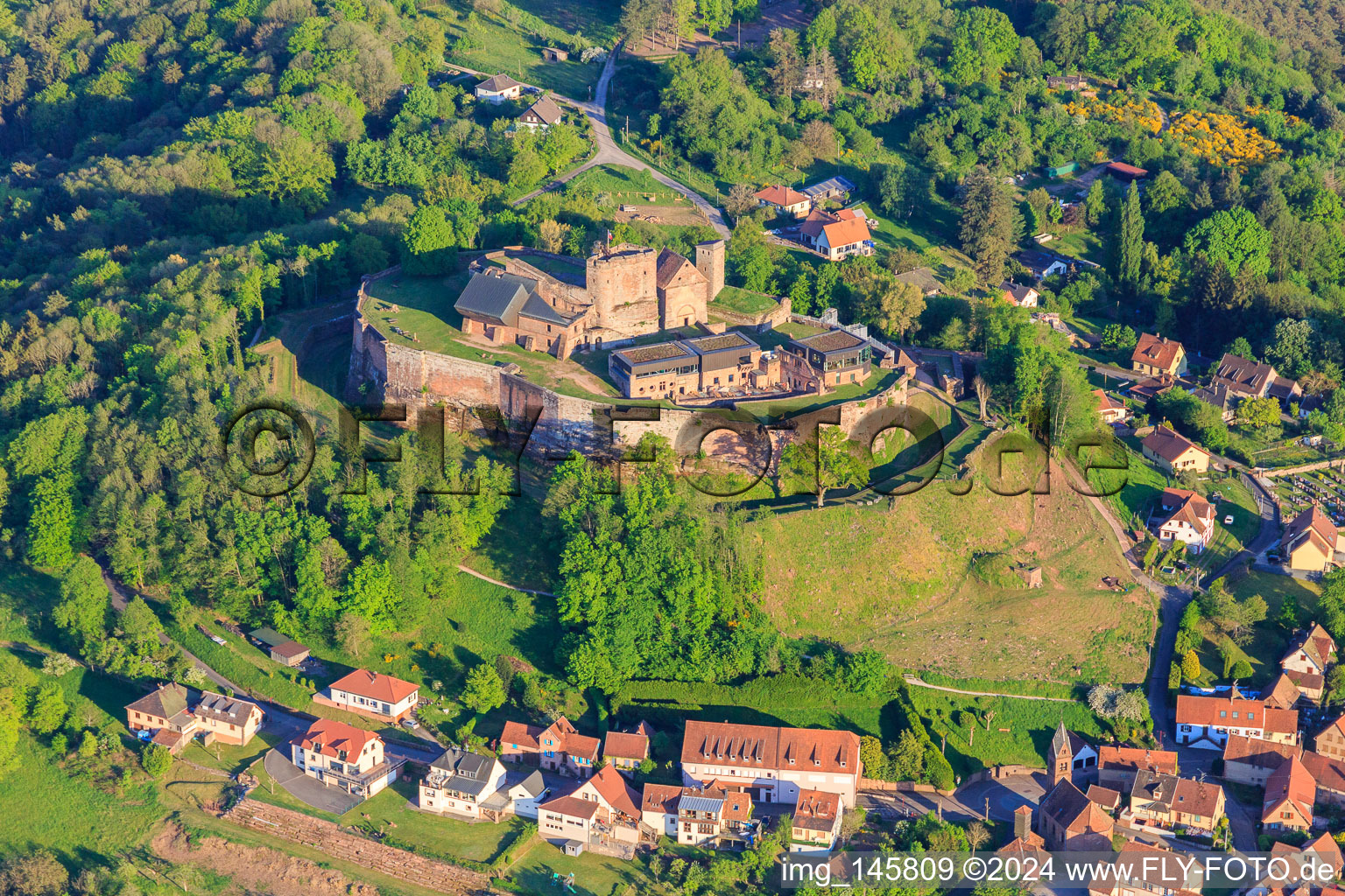 Aerial view of Château de Lichtenberg from the northwest in Lichtenberg in the state Bas-Rhin, France