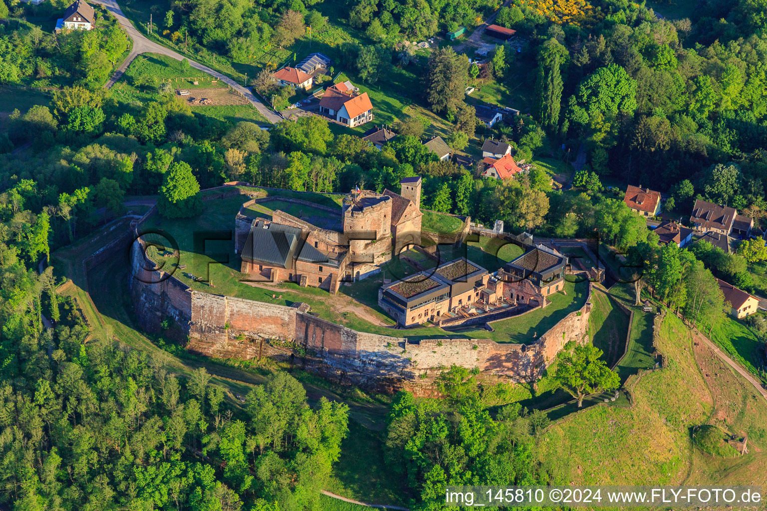 Aerial photograpy of Château de Lichtenberg from the northwest in Lichtenberg in the state Bas-Rhin, France