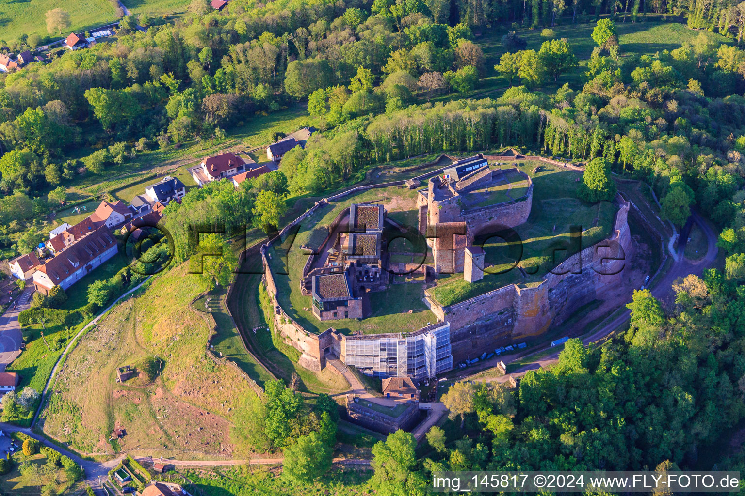 Aerial view of Château de Lichtenberg from the south in Lichtenberg in the state Bas-Rhin, France