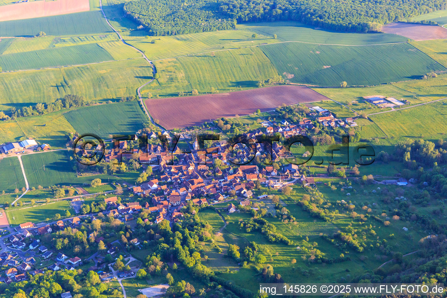 Village view on the edge of the Northern Vosges from the northwest in Weinbourg in the state Bas-Rhin, France