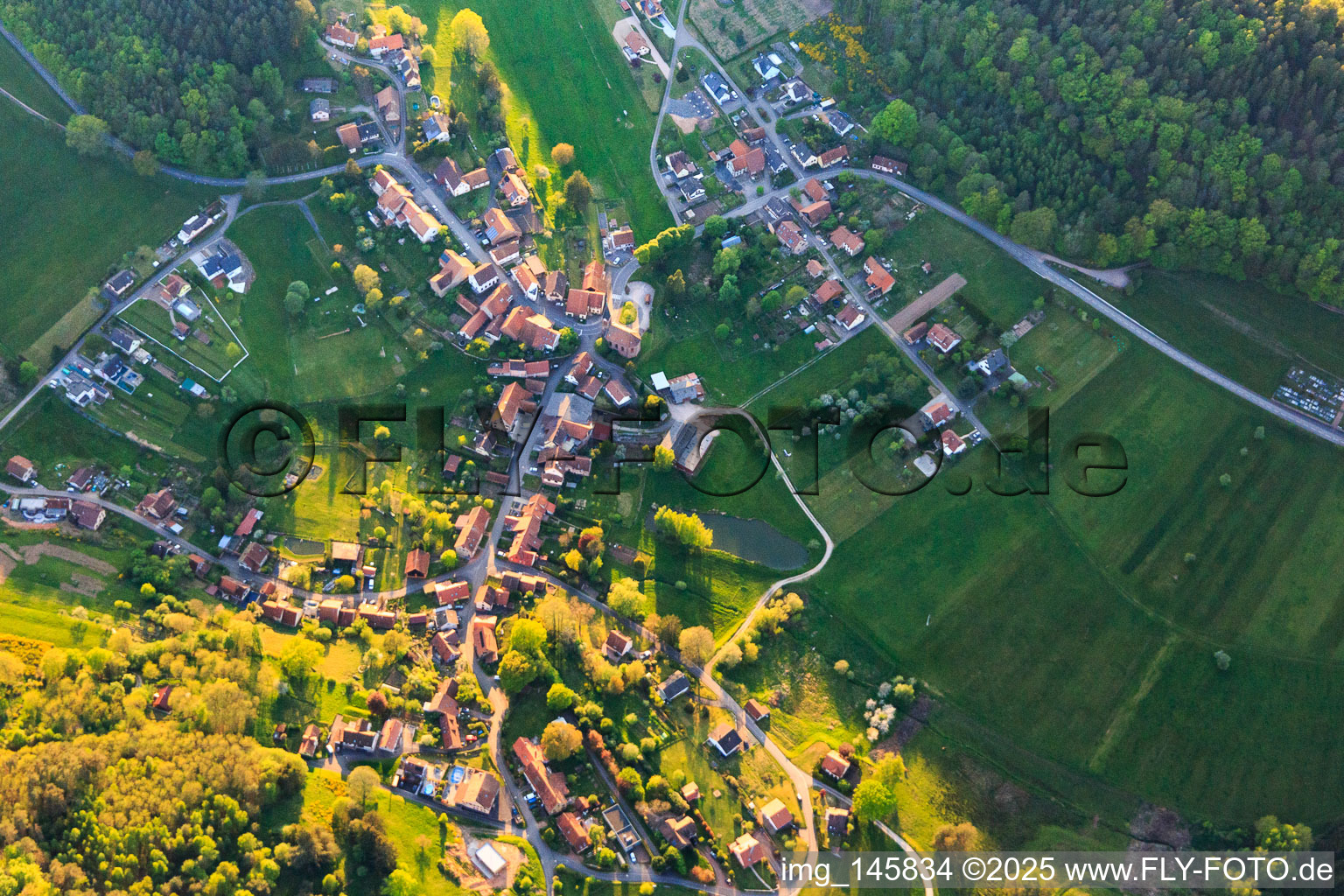 Village view in the Northern Vosges from the southeast in Zittersheim in the state Bas-Rhin, France