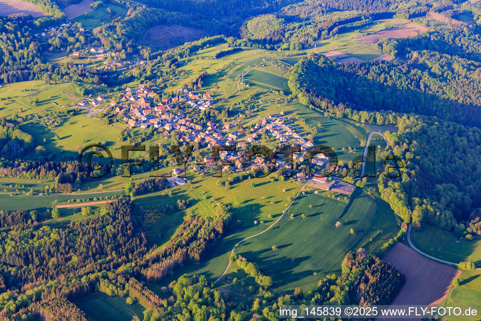 Village view in the Northern Vosges from the southwest in Puberg in the state Bas-Rhin, France