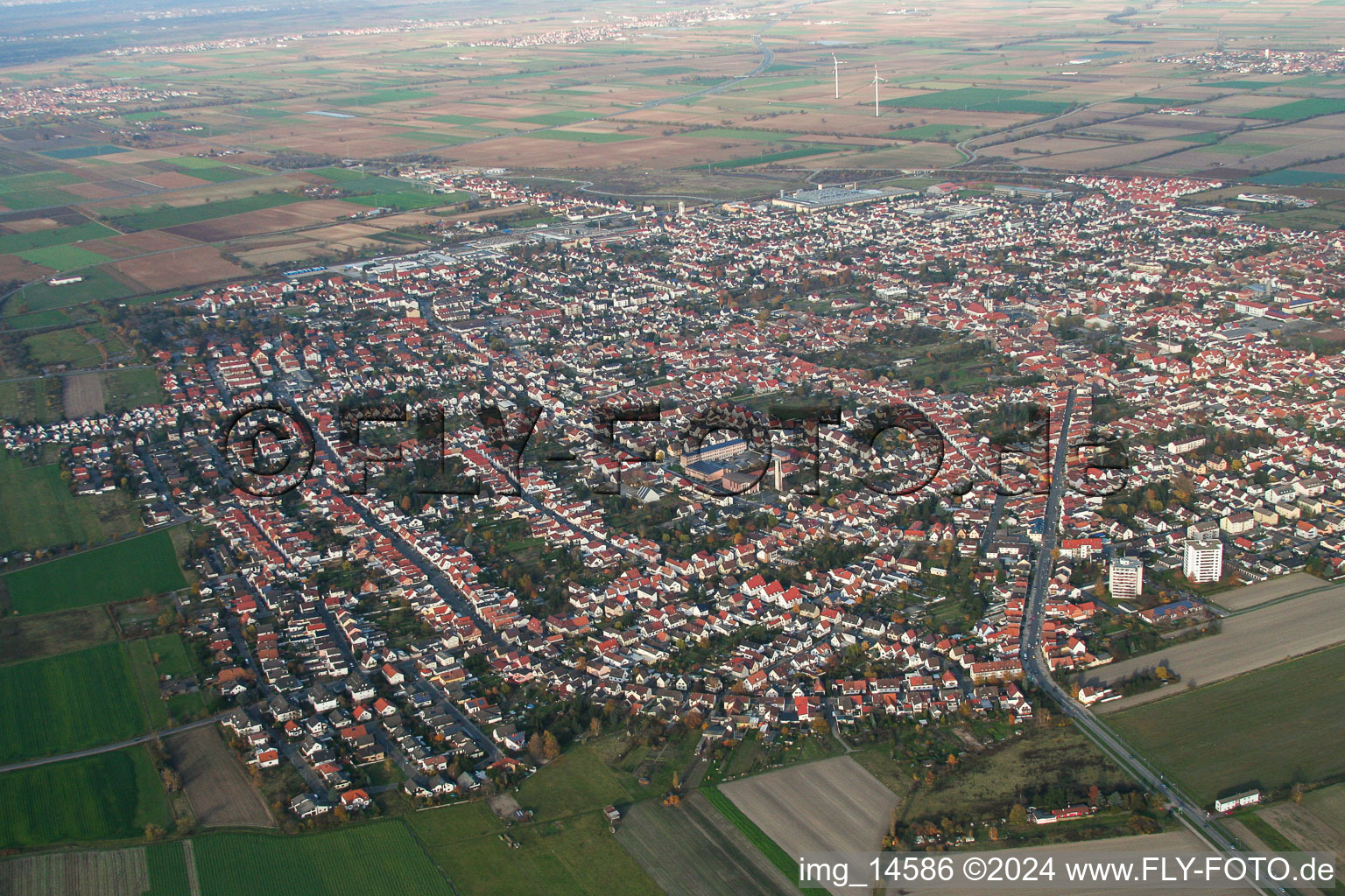 Aerial photograpy of Town View of the streets and houses of the residential areas in Hassloch in the state Rhineland-Palatinate