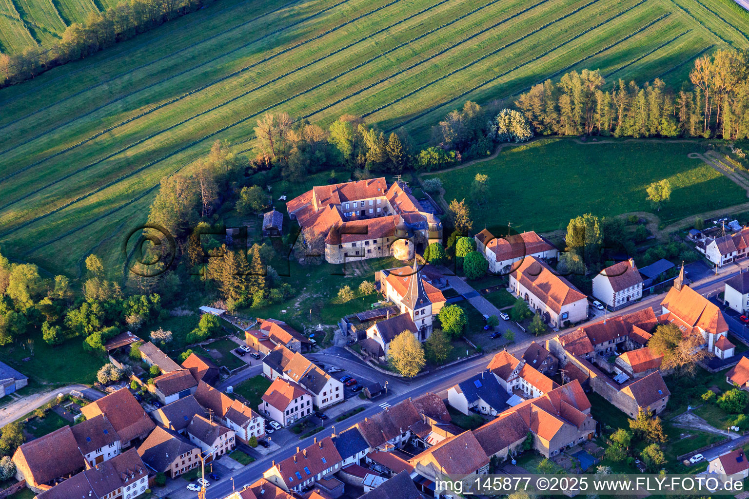 Aerial view of Protestant Church and Castle Lorentzen in Lorentzen in the state Bas-Rhin, France