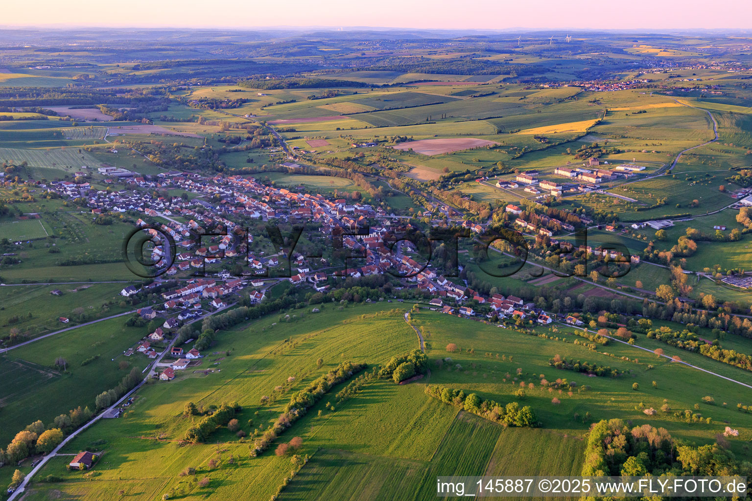 Aerial view of Overview of the town from the south in Oermingen in the state Bas-Rhin, France