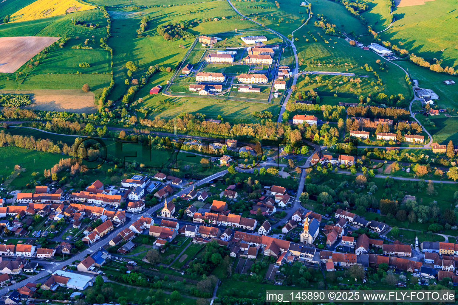 Aerial view of View of the town below the prison Centre de Détention in Oermingen in the state Bas-Rhin, France