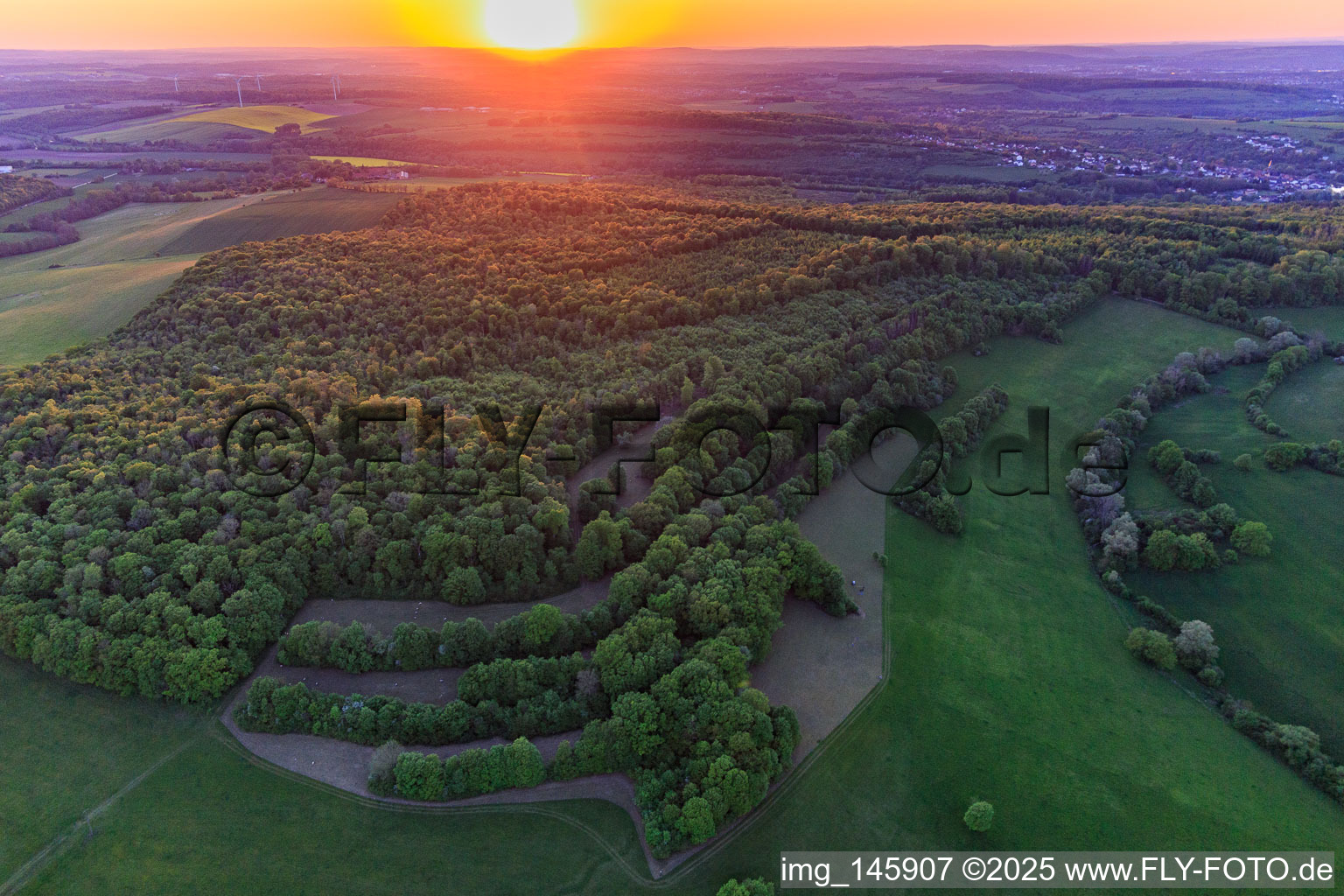 Aerial view of Sunset above the Saar in Kalhausen in the state Moselle, France