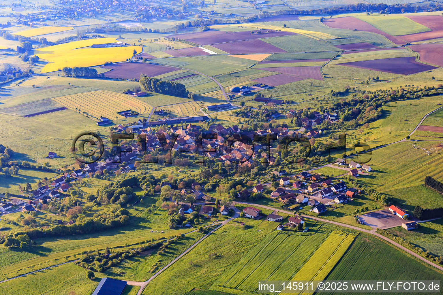 Village overview in the morning from the northwest in Dehlingen in the state Bas-Rhin, France
