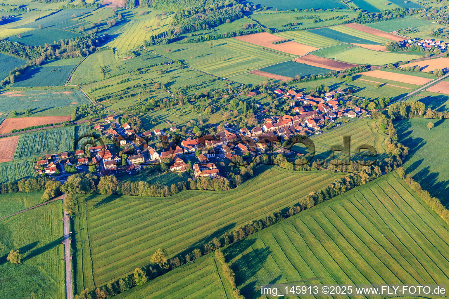 Village overview in the morning from the north in Lorentzen in the state Bas-Rhin, France