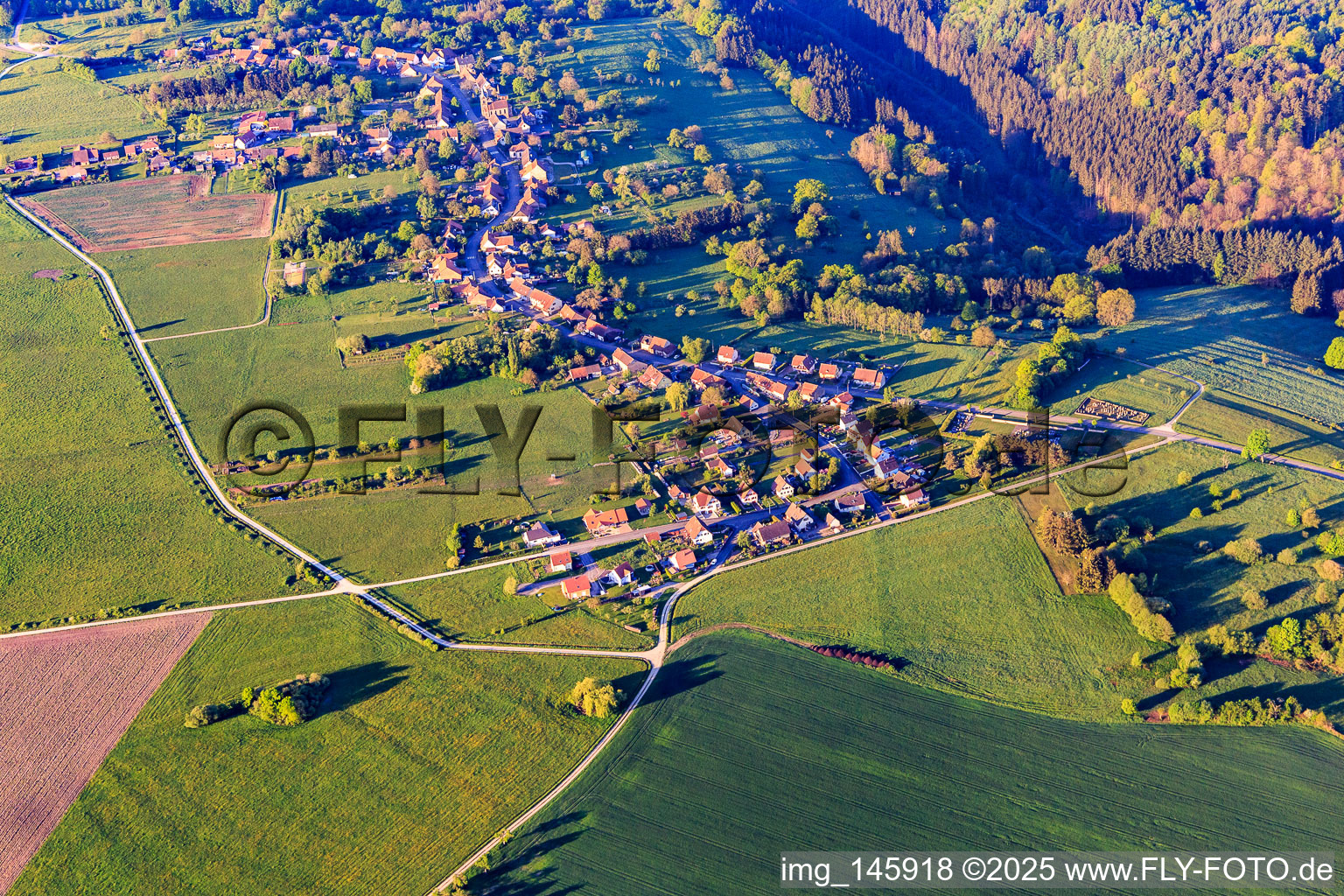 Village overview in the morning from the north in Struth in the state Bas-Rhin, France