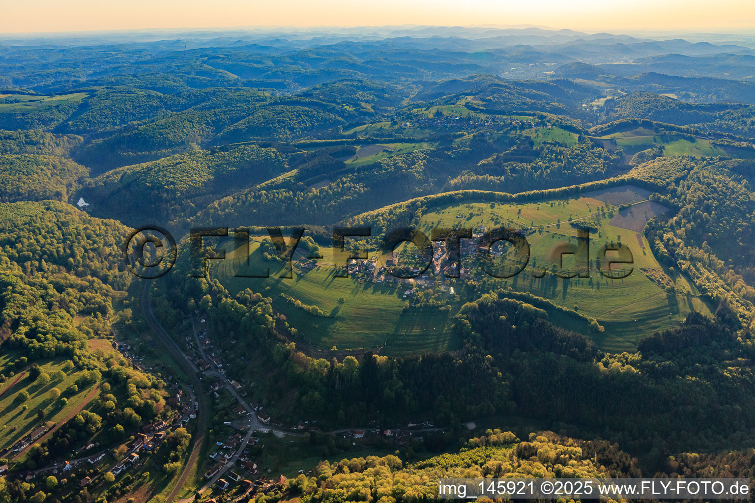 Village overview in the morning from the west in Hinsbourg in the state Bas-Rhin, France