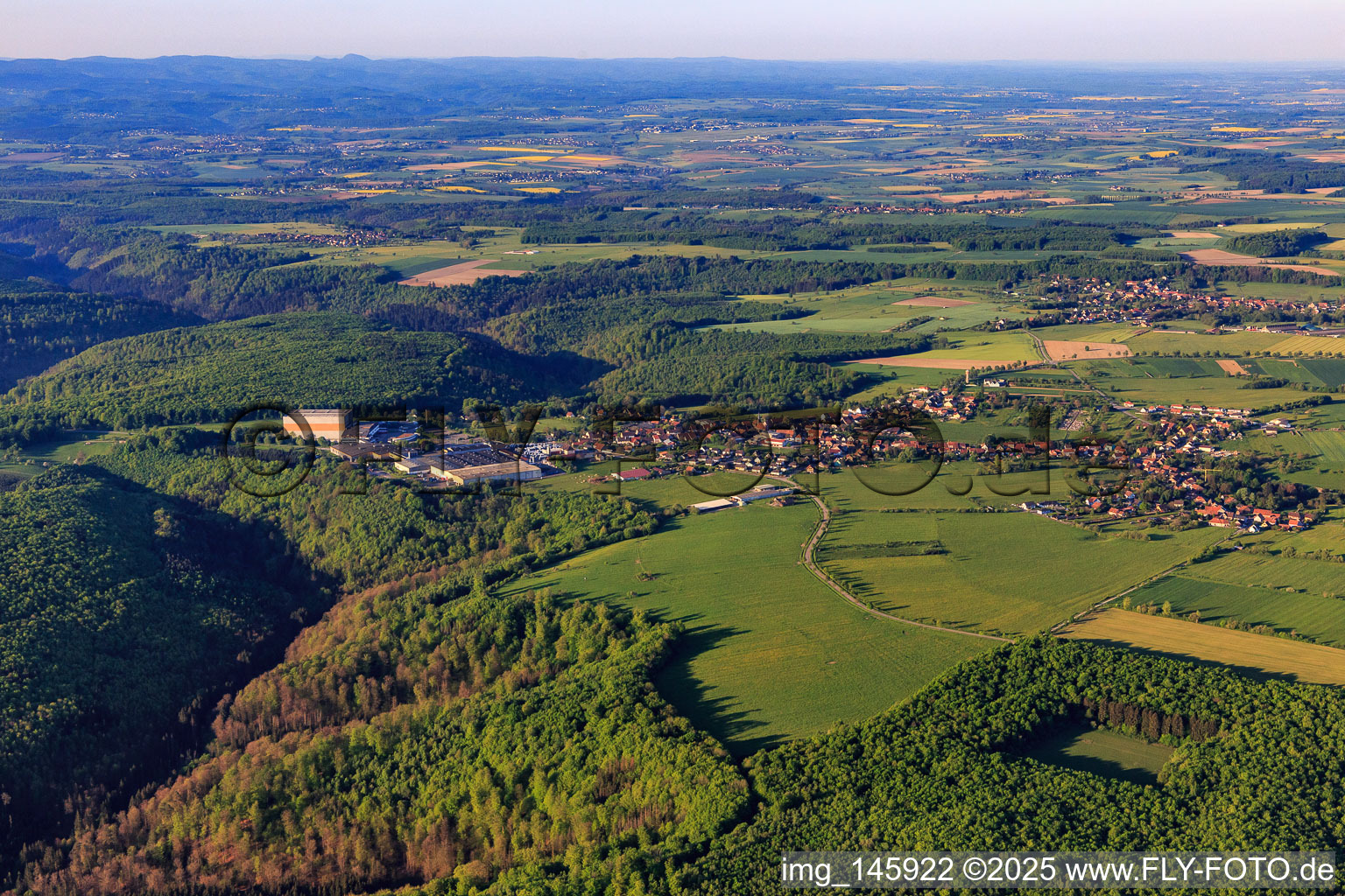 View of the town in the morning from the north in Petersbach in the state Bas-Rhin, France