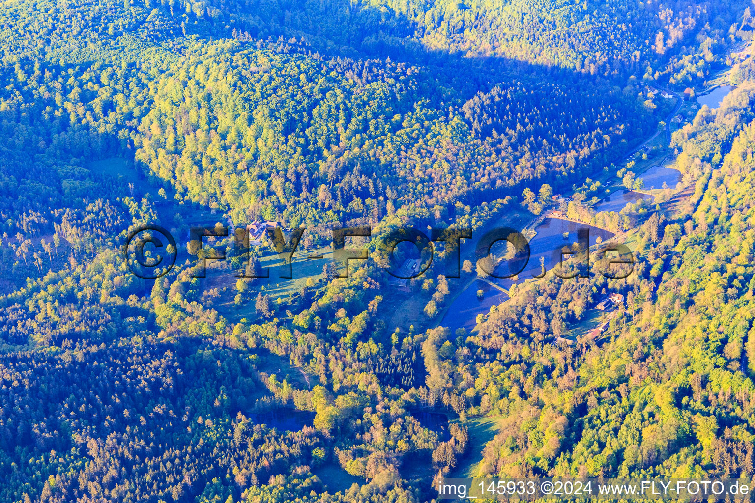 Fishing pond at the Hotel La Petite Pierre (Auberge d'Imsthal) Vosges in La Petite-Pierre in the state Bas-Rhin, France