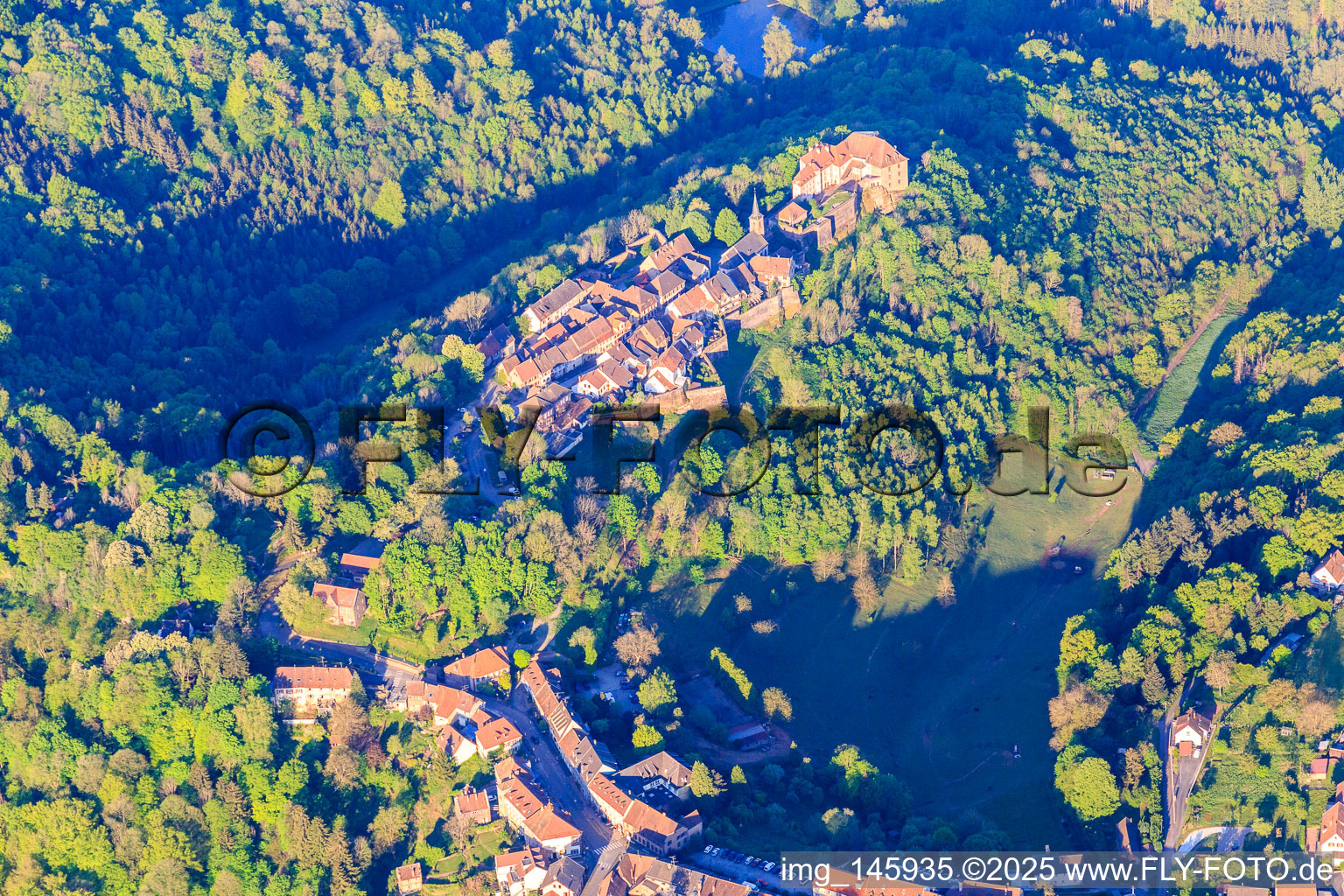 Aerial view of Lützelstein Castle / Château de La Petite-Pierre in the morning from the north in La Petite-Pierre in the state Bas-Rhin, France