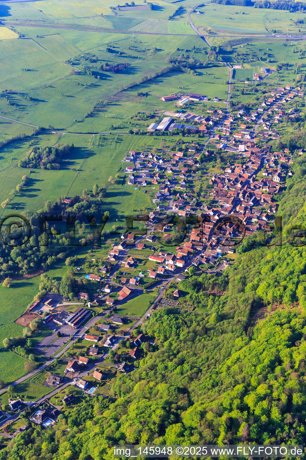 View of the village on the edge of the Northern Vosges from the northwest in Ernolsheim-lès-Saverne in the state Bas-Rhin, France