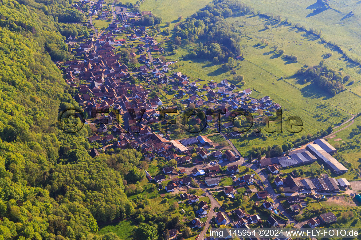 View of the village on the edge of the Northern Vosges from the northwest in Saint-Jean-Saverne in the state Bas-Rhin, France