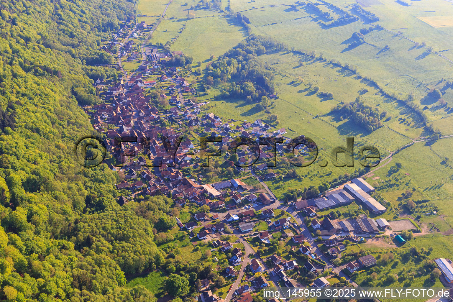 Aerial view of View of the village on the edge of the Northern Vosges from the northwest in Saint-Jean-Saverne in the state Bas-Rhin, France