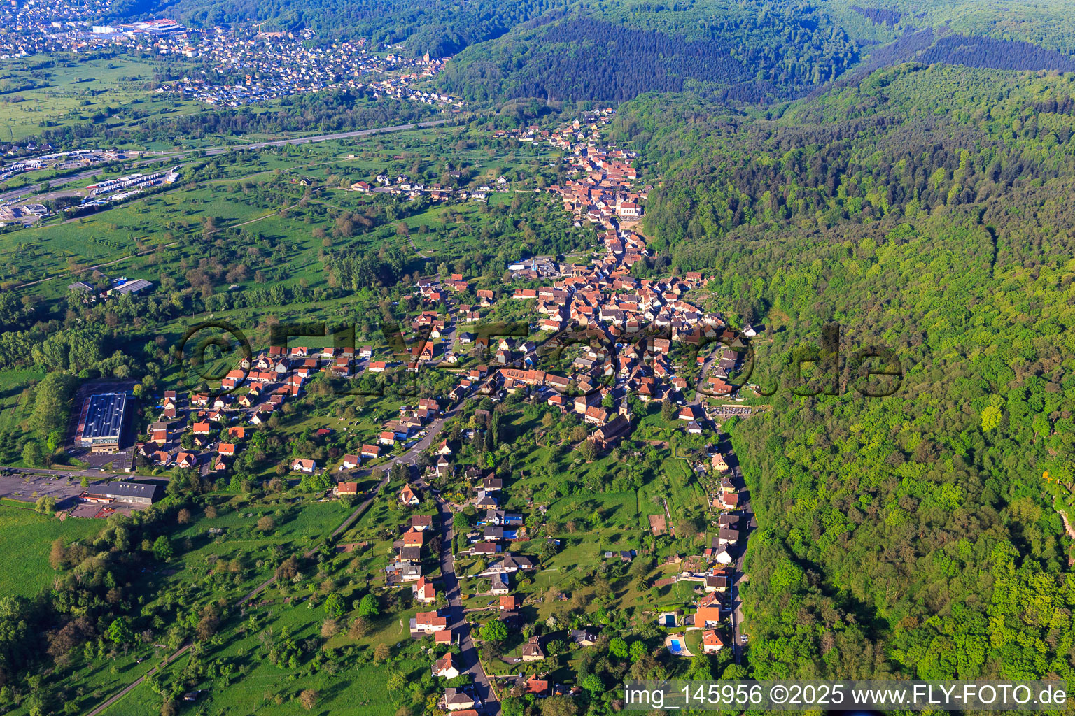 View of the village on the edge of the Northern Vosges from the north in Saint-Jean-Saverne in the state Bas-Rhin, France