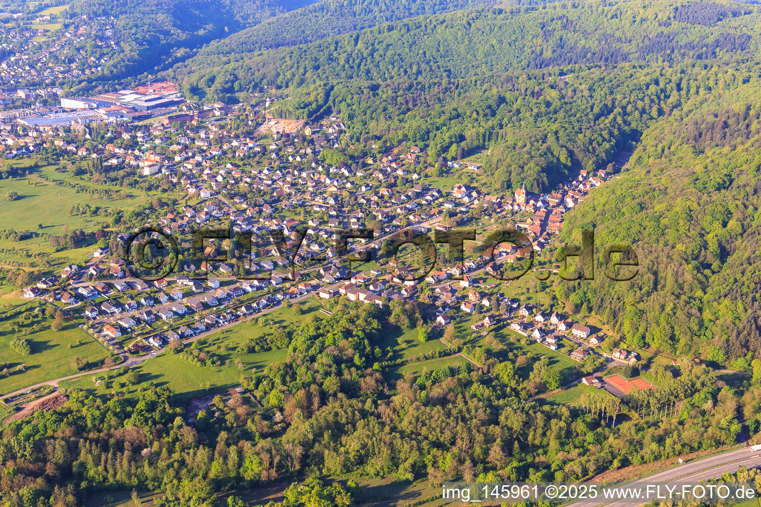 View of the village on the edge of the Northern Vosges from the north in Ottersthal in the state Bas-Rhin, France