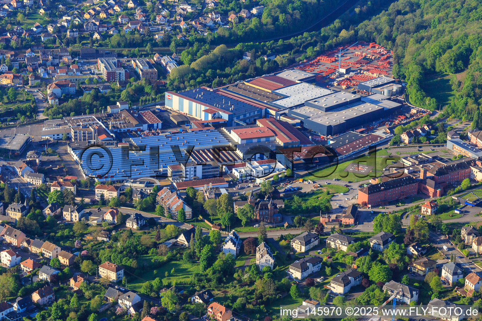 Aerial view of Castle and park Château des Rohan at the port Port de Saverne in Saverne in the state Bas-Rhin, France