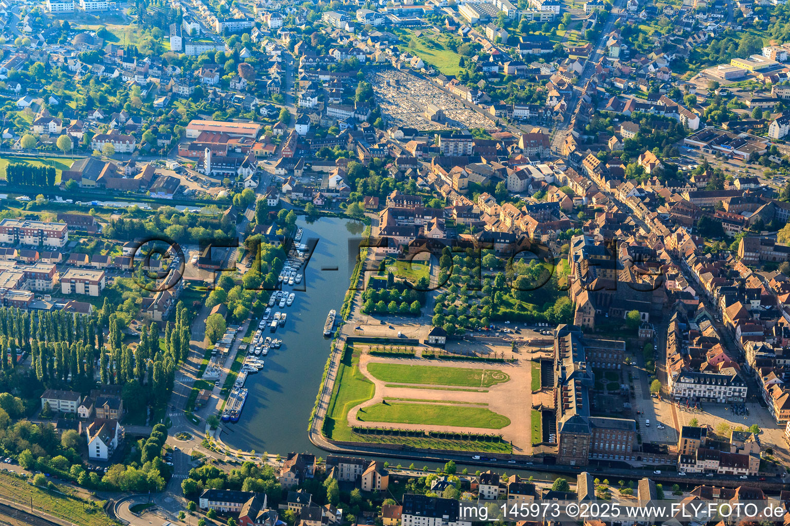 Aerial photograpy of Castle and park Château des Rohan at the port Port de Saverne in Saverne in the state Bas-Rhin, France