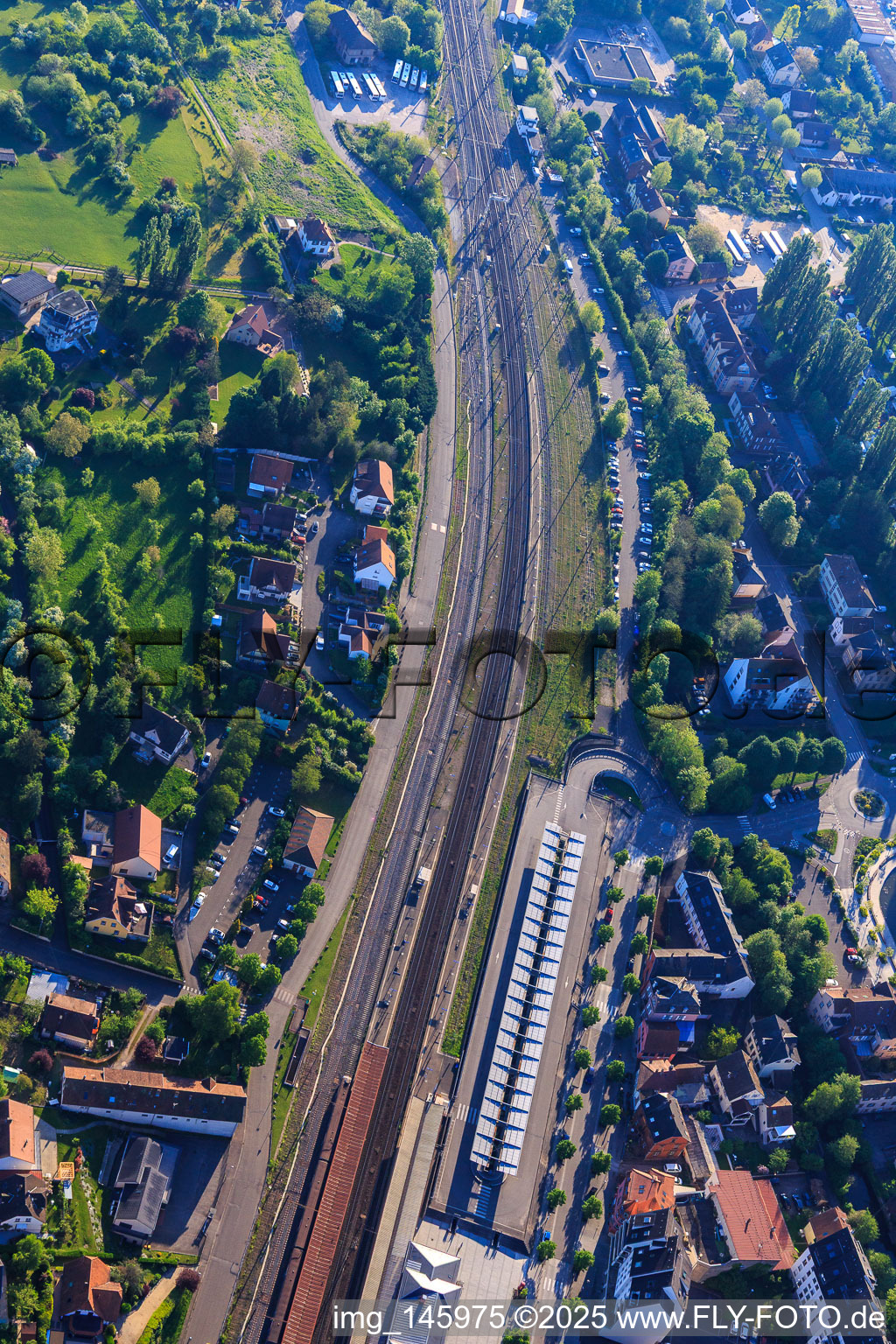 Buildings, platform and tracks at Gare de Saverne station in Saverne in the state Bas-Rhin, France