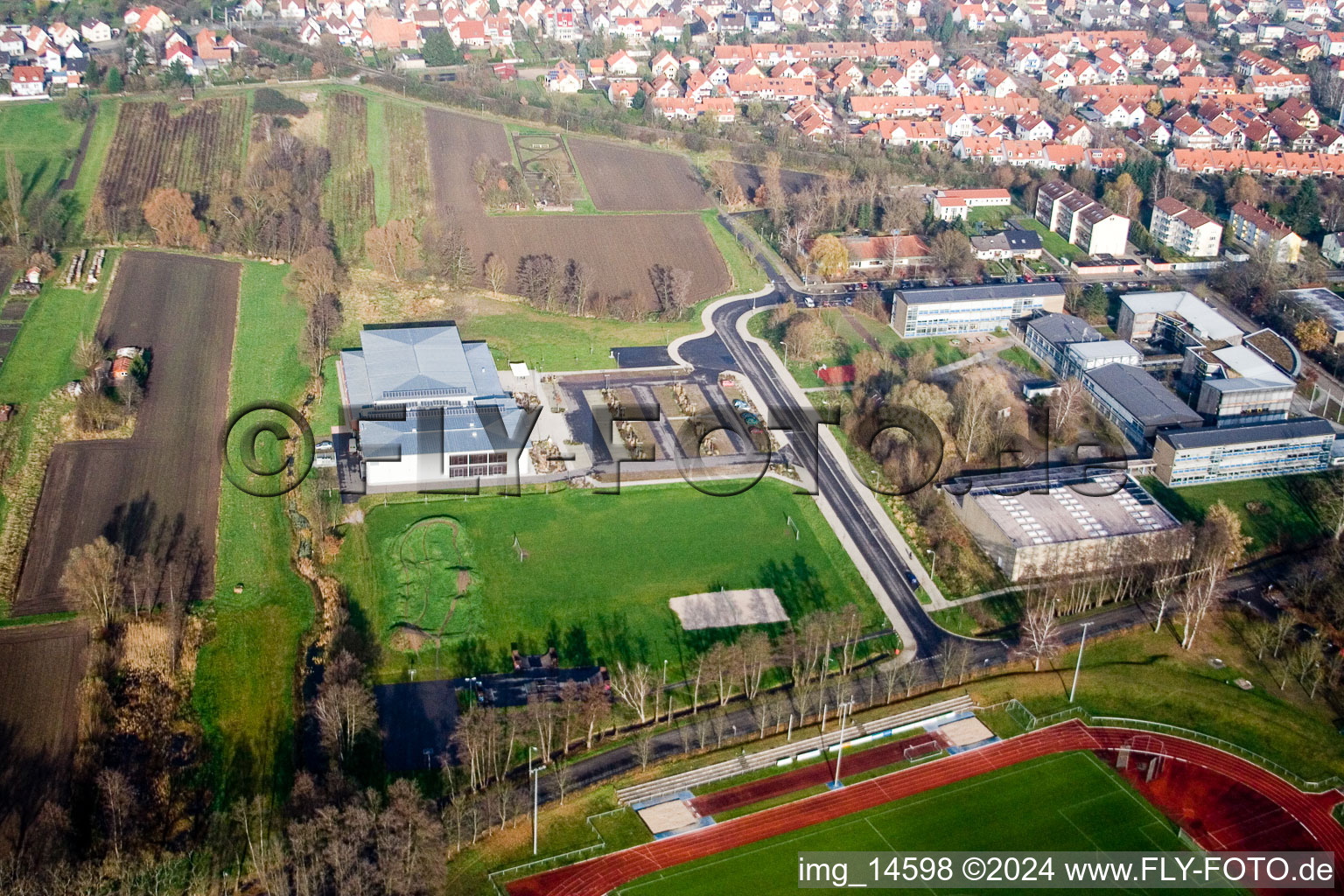 Bienwald Hall in Kandel in the state Rhineland-Palatinate, Germany from above