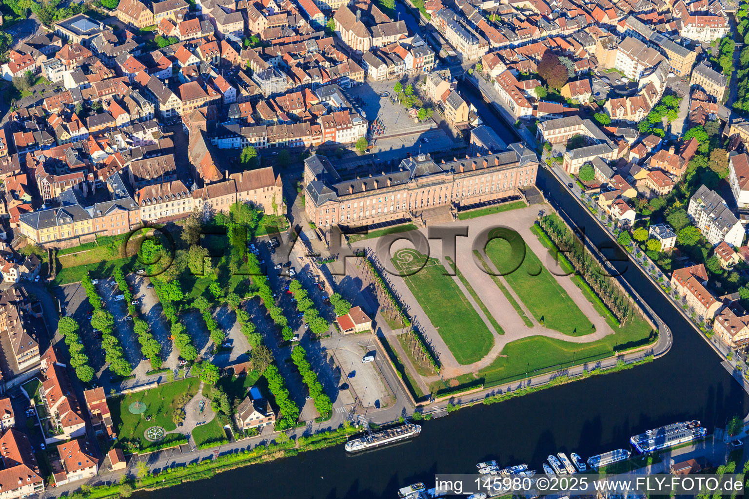 Castle and park Château des Rohan at the port Port de Saverne in Saverne in the state Bas-Rhin, France from above
