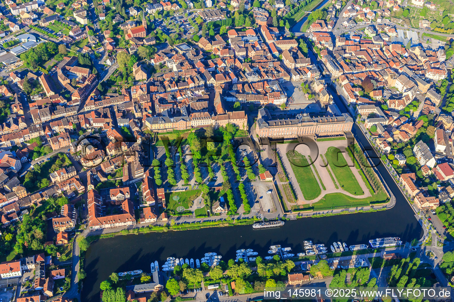 Castle and park Château des Rohan at the port Port de Saverne in Saverne in the state Bas-Rhin, France out of the air
