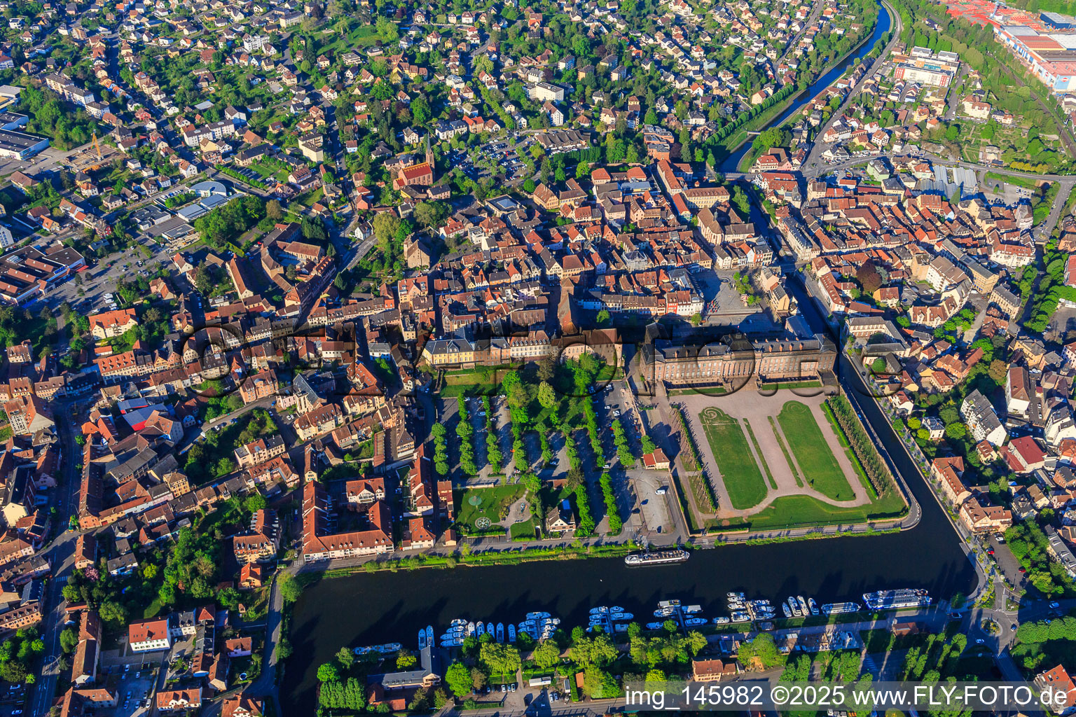 City view with castle and park Château des Rohan at the port Port de Saverne from the northeast in Saverne in the state Bas-Rhin, France
