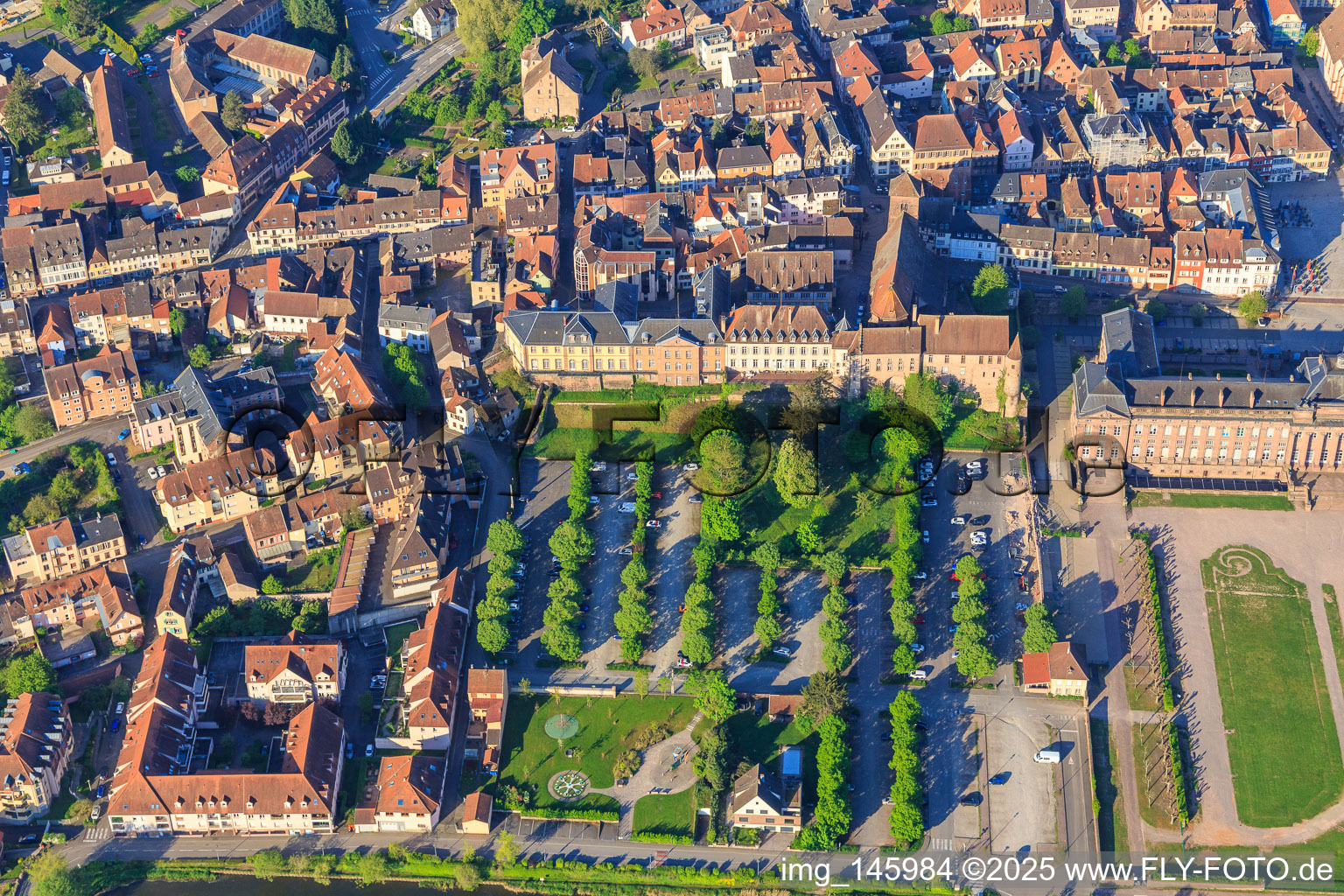 Aerial view of Château des Rohan Castle and Park in Saverne in the state Bas-Rhin, France
