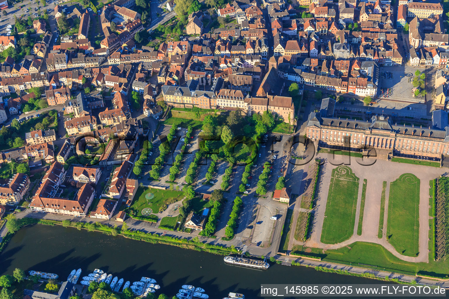 Castle and park Château des Rohan at the port Port de Saverne in Saverne in the state Bas-Rhin, France seen from above