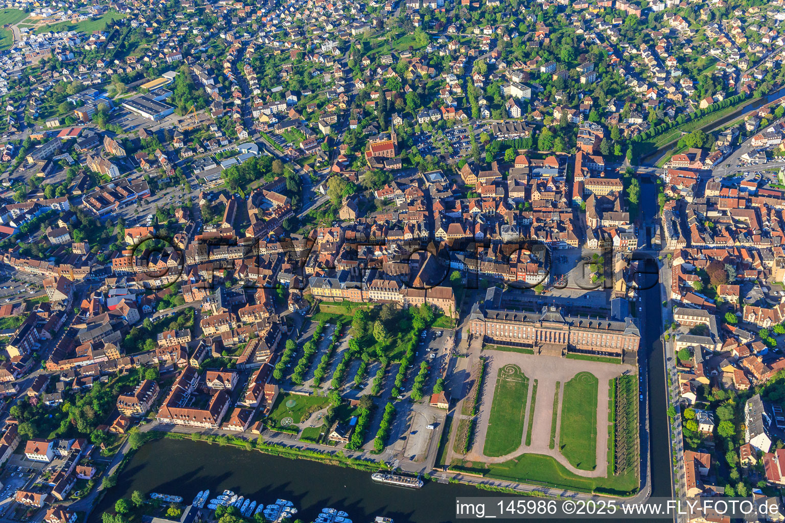 Aerial view of City view with castle and park Château des Rohan at the port Port de Saverne from the northeast in Saverne in the state Bas-Rhin, France